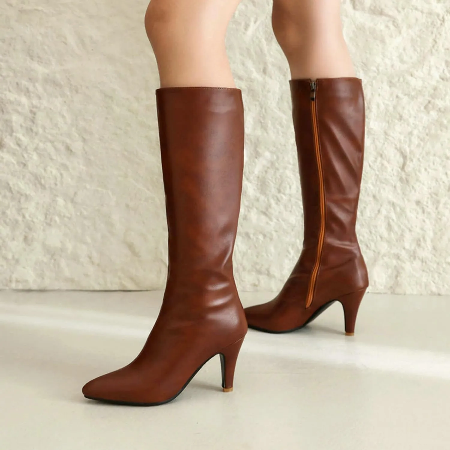 Pointed Toe Knee High Boots for Women Fashion Trendy Kitten Heel Boots Side Zipper Booties for Wedding Party Date Dress