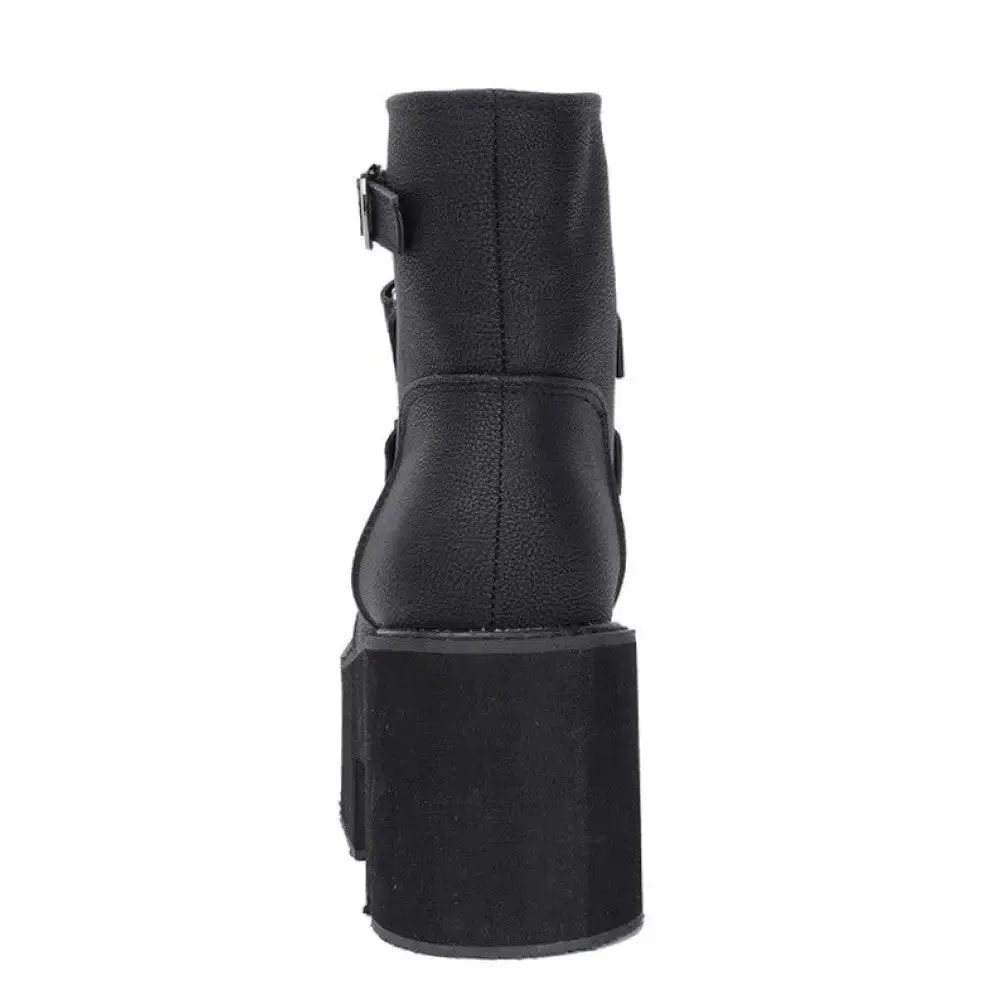 Rubber Sole Buckle Black Leather PU Ankle Boots