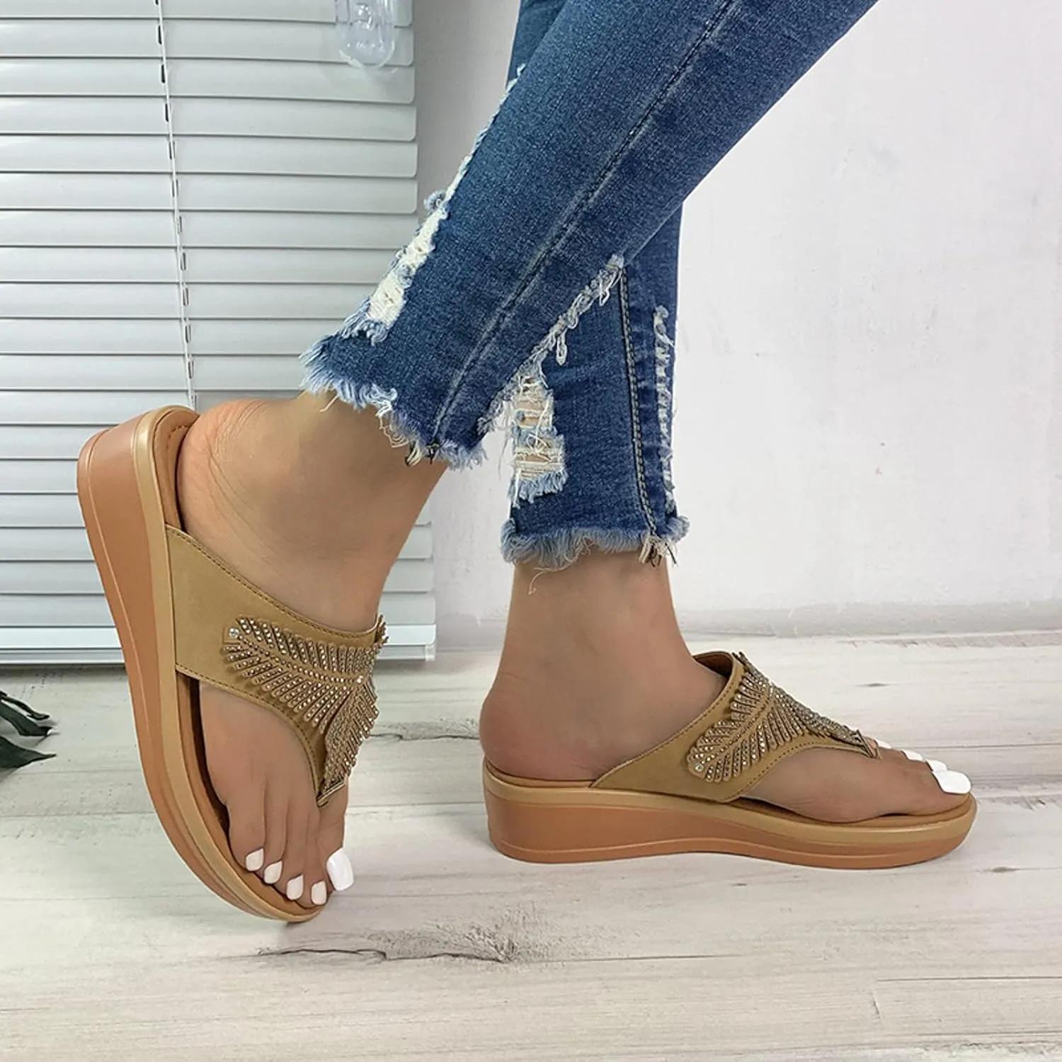 SBGMoSJ Slippers for Women Plantar Fasciitis Orthopedic Wedges for Women Comfortable Wedges for Women Soft High Heel Sandals for Women Comfortable Womens Flip Flops Gold Sandals Women