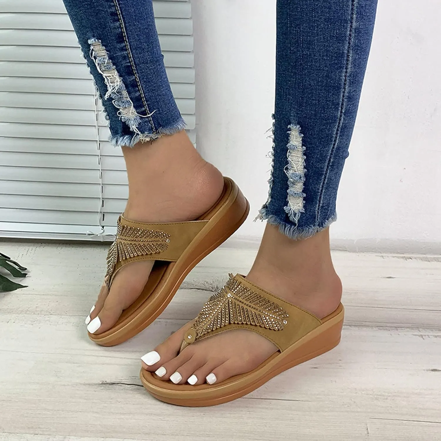 SBGMoSJ Slippers for Women Plantar Fasciitis Orthopedic Wedges for Women Comfortable Wedges for Women Soft High Heel Sandals for Women Comfortable Womens Flip Flops Gold Sandals Women
