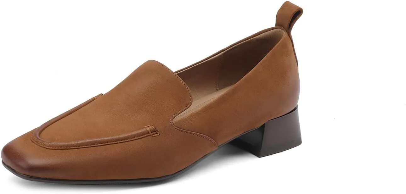 TinaCus Square Toe Genuine Leather Low Chunky Heels Handmade Women's Stylish Loafers Shoes