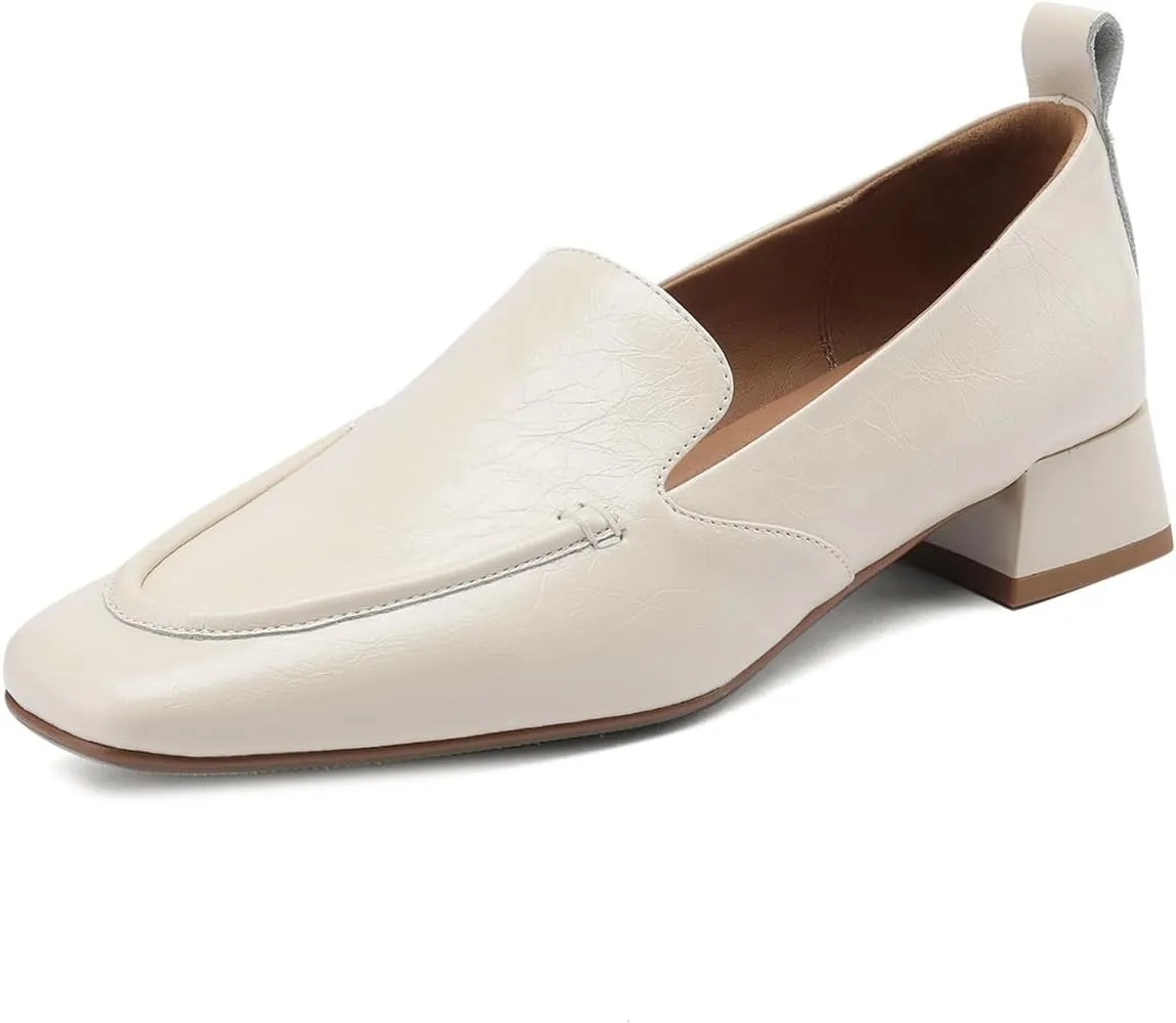 TinaCus Square Toe Genuine Leather Low Chunky Heels Handmade Women's Stylish Loafers Shoes