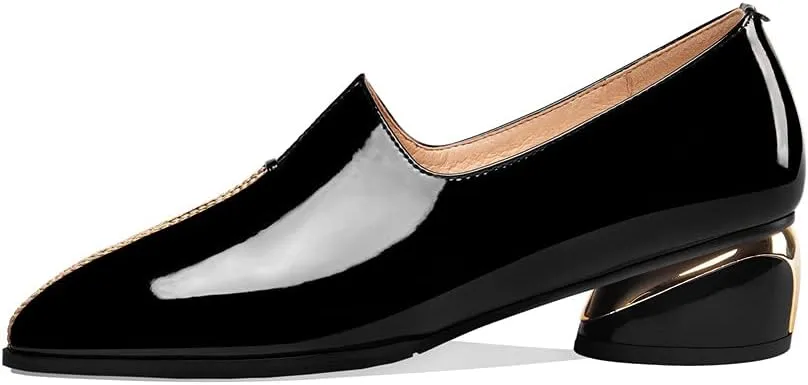 TinaCus Women's Patent Leather Pointed Toe Handmade Stitches Low Chunky Heels Stylish Loafer Shoes