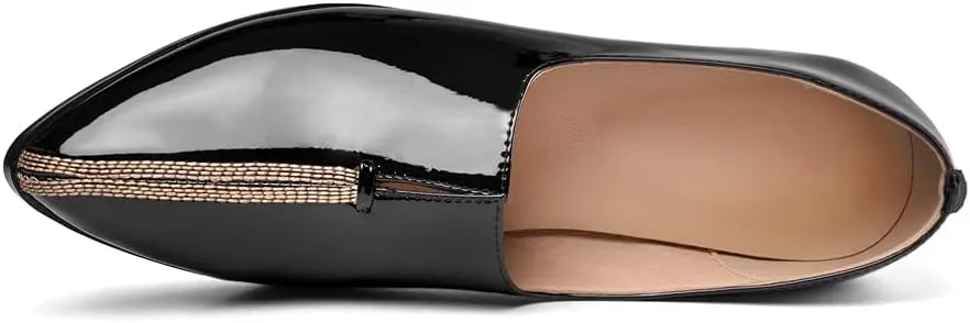 TinaCus Women's Patent Leather Pointed Toe Handmade Stitches Low Chunky Heels Stylish Loafer Shoes