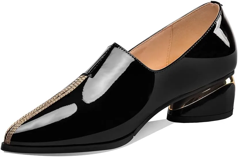 TinaCus Women's Patent Leather Pointed Toe Handmade Stitches Low Chunky Heels Stylish Loafer Shoes