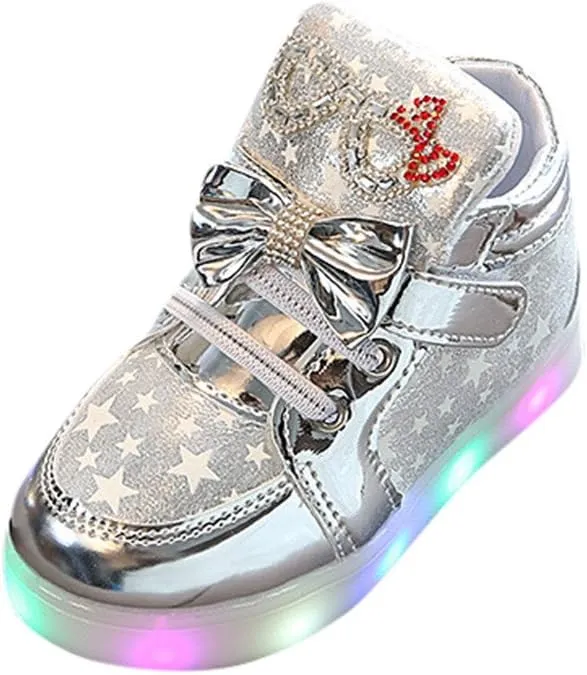 Toddler Light Up High Top Sneakers Boys Girls Fashion Star Bowknot Casual Colorful Luminous Sole Walking Shoes