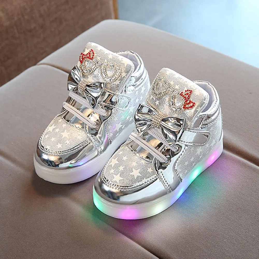 Toddler Light Up High Top Sneakers Boys Girls Fashion Star Bowknot Casual Colorful Luminous Sole Walking Shoes