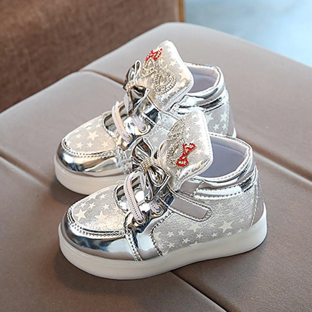Toddler Light Up High Top Sneakers Boys Girls Fashion Star Bowknot Casual Colorful Luminous Sole Walking Shoes