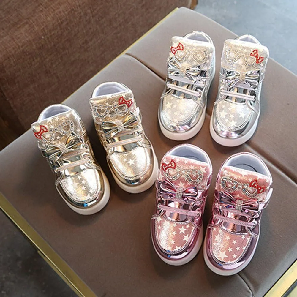 Toddler Light Up High Top Sneakers Boys Girls Fashion Star Bowknot Casual Colorful Luminous Sole Walking Shoes