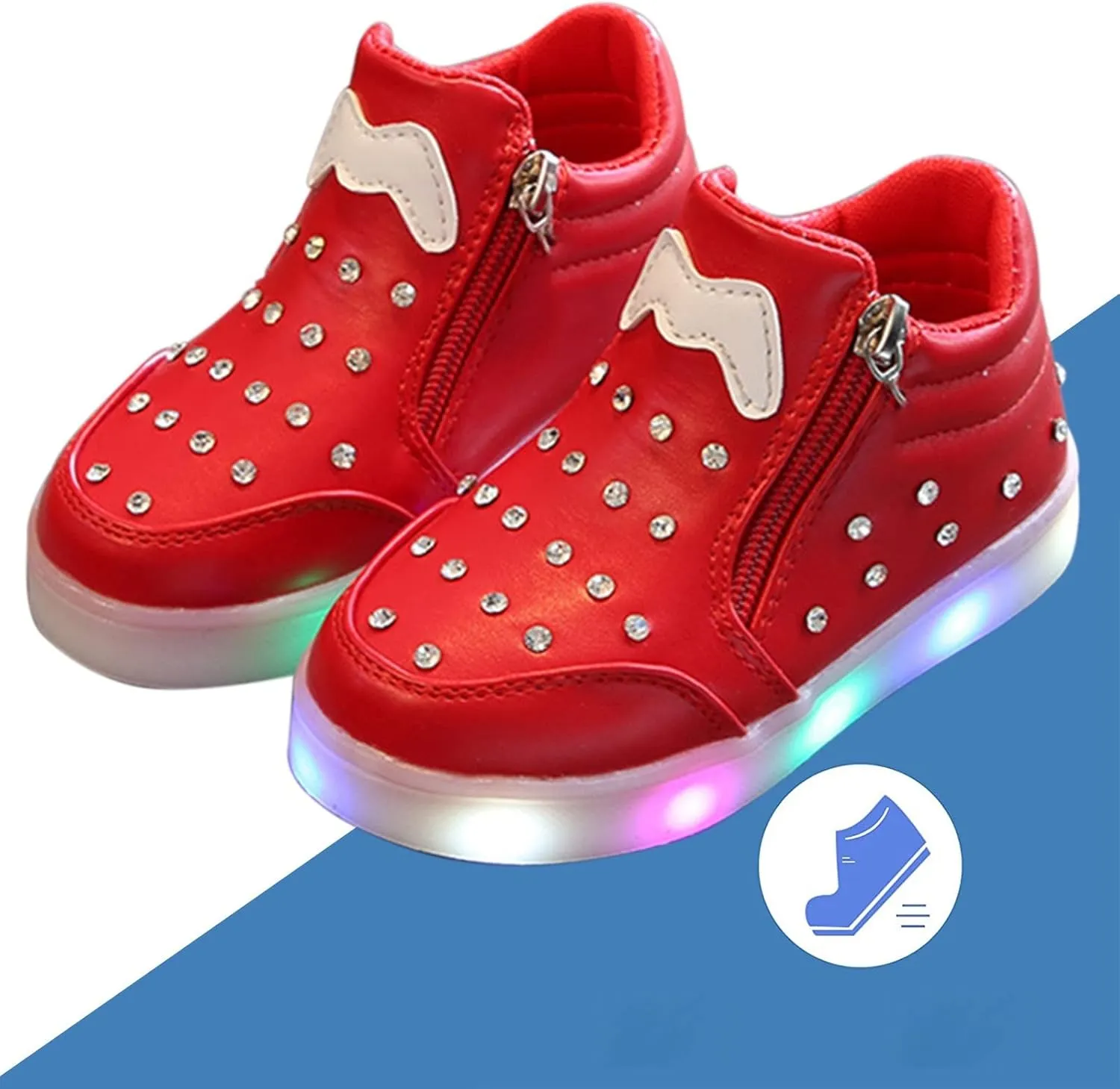 Toddler Lights up Sneakers Pearl Glitter Flat Non Slip Running Sport Shoes Kids Baby Side Zipper First Walking Shoes