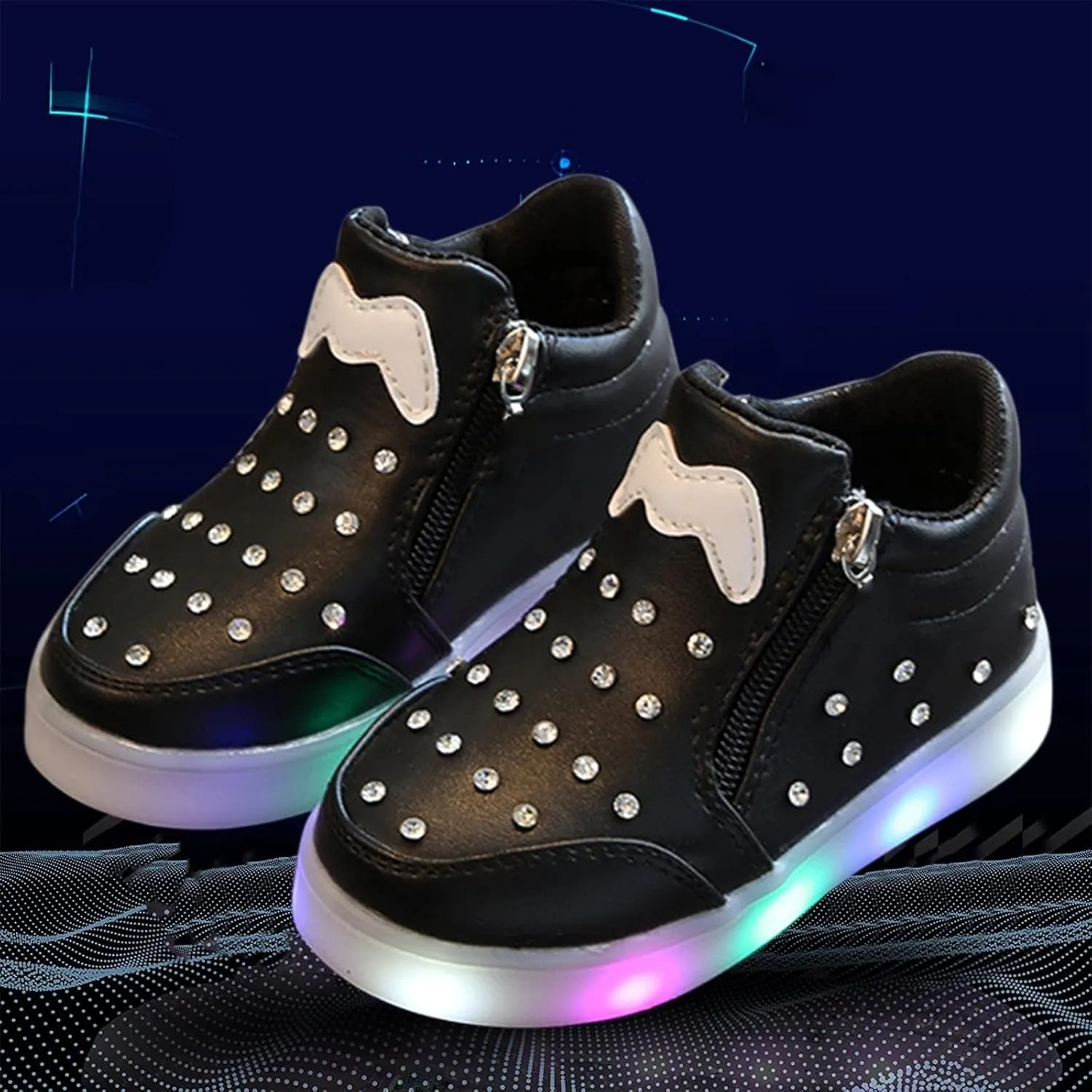 Toddler Lights up Sneakers Pearl Glitter Flat Non Slip Running Sport Shoes Kids Baby Side Zipper First Walking Shoes