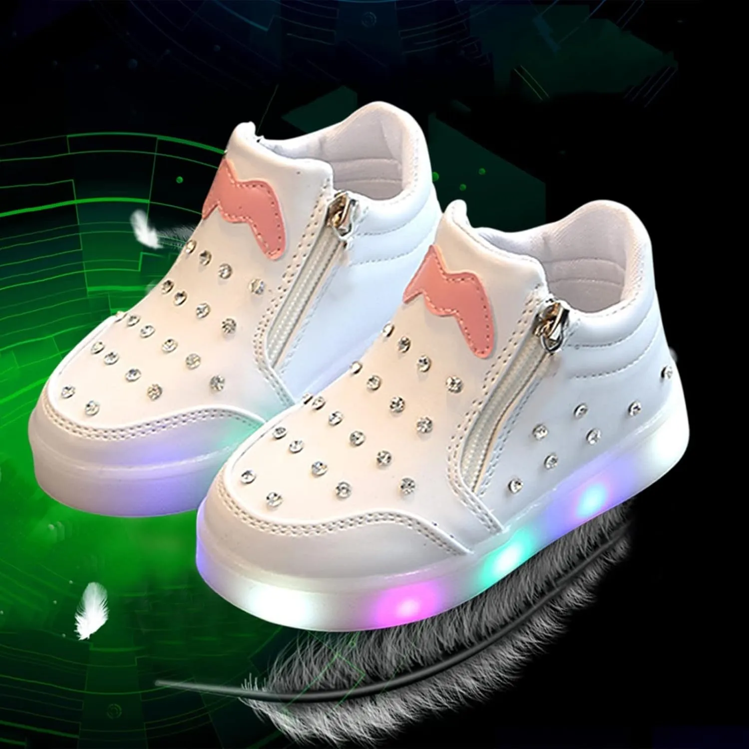 Toddler Lights up Sneakers Pearl Glitter Flat Non Slip Running Sport Shoes Kids Baby Side Zipper First Walking Shoes