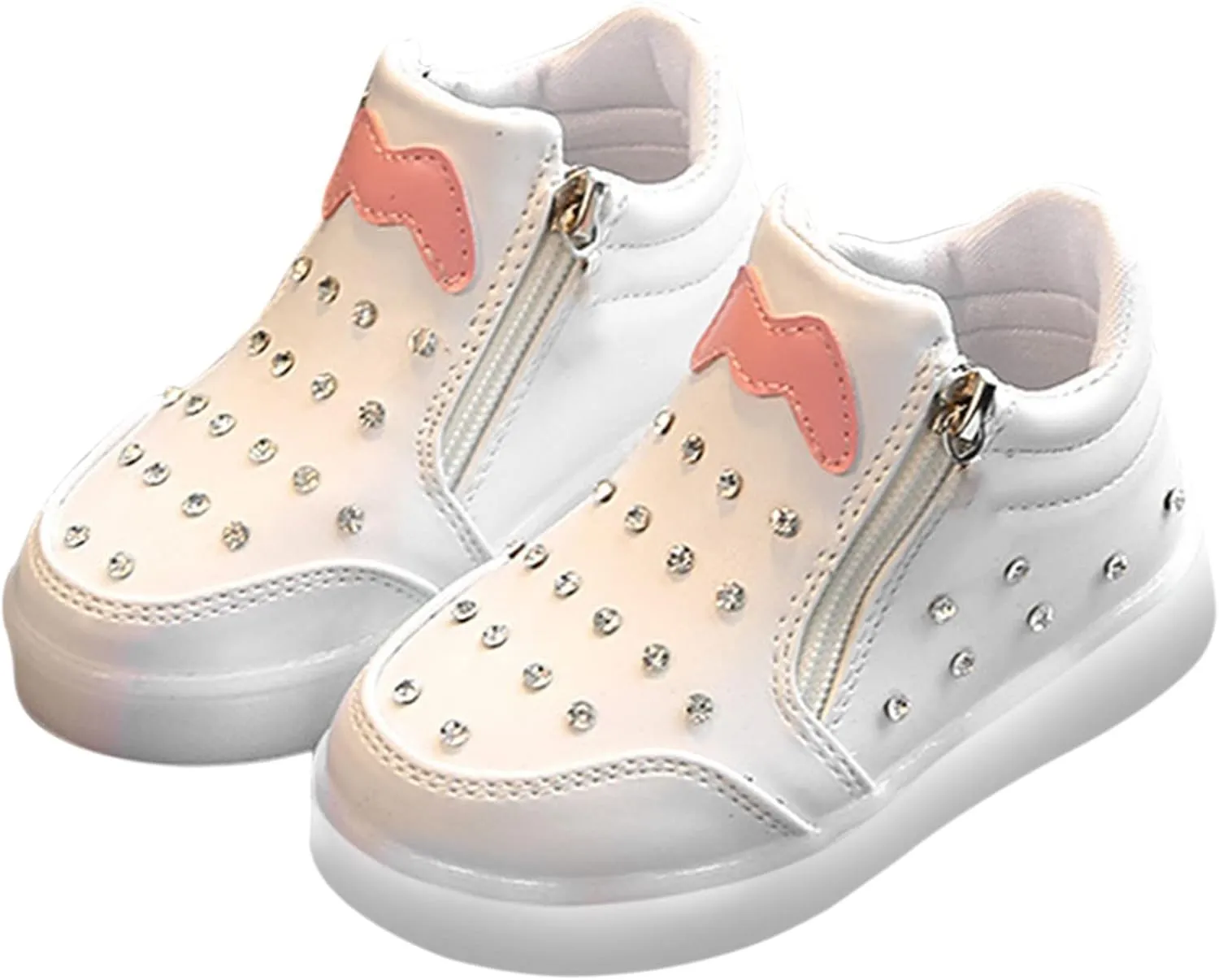 Toddler Lights up Sneakers Pearl Glitter Flat Non Slip Running Sport Shoes Kids Baby Side Zipper First Walking Shoes