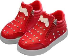 Toddler Lights up Sneakers Pearl Glitter Flat Non Slip Running Sport Shoes Kids Baby Side Zipper First Walking Shoes