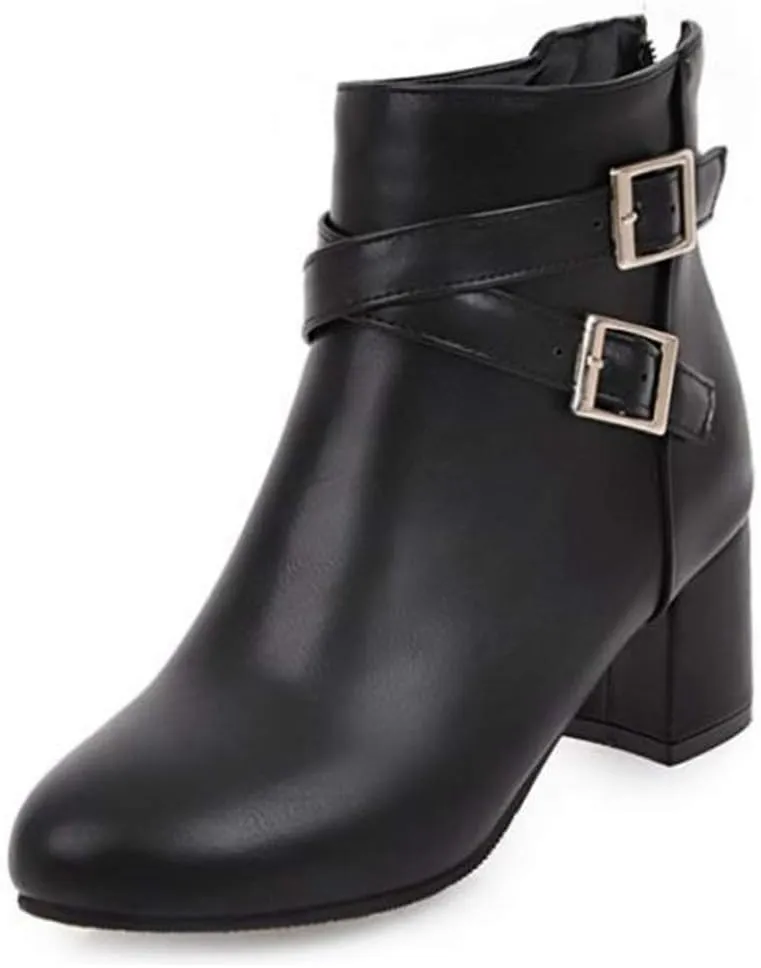 VOKLIN Women's Trendy Buckle Dressy Ankle Boots Round Toe Zipper Chunky Mid Heel Chelsea Dressy Short Booties