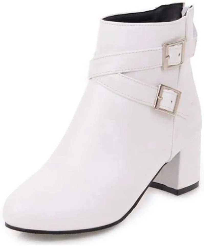 VOKLIN Women's Trendy Buckle Dressy Ankle Boots Round Toe Zipper Chunky Mid Heel Chelsea Dressy Short Booties
