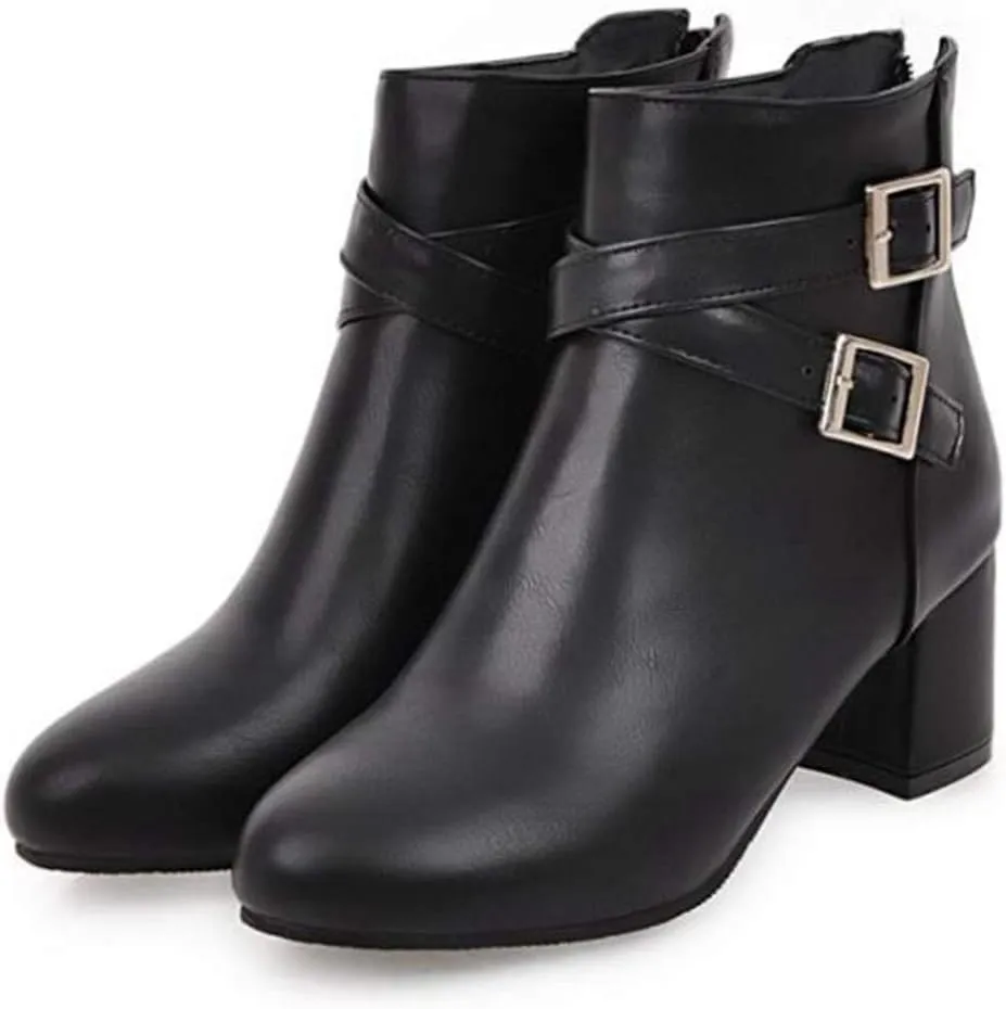 VOKLIN Women's Trendy Buckle Dressy Ankle Boots Round Toe Zipper Chunky Mid Heel Chelsea Dressy Short Booties