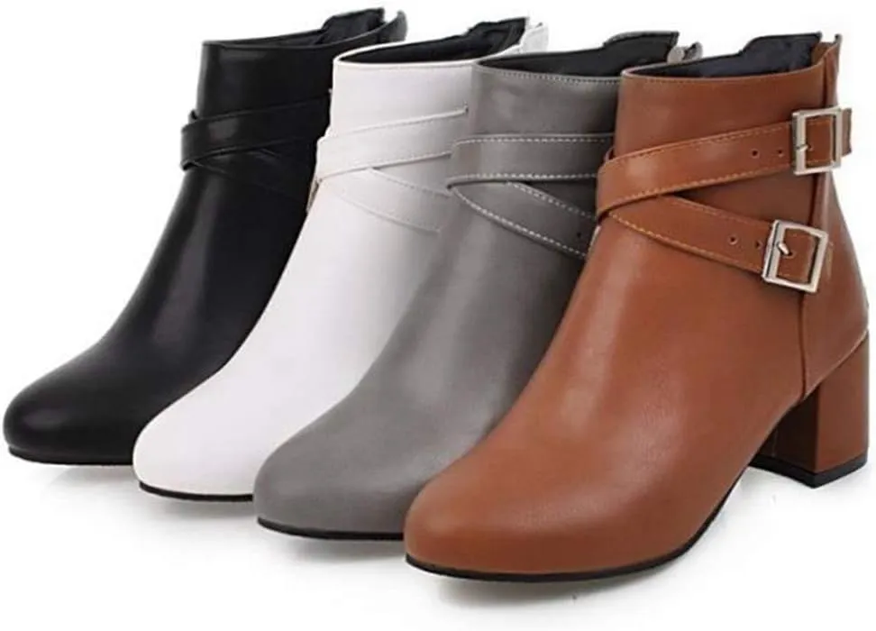 VOKLIN Women's Trendy Buckle Dressy Ankle Boots Round Toe Zipper Chunky Mid Heel Chelsea Dressy Short Booties
