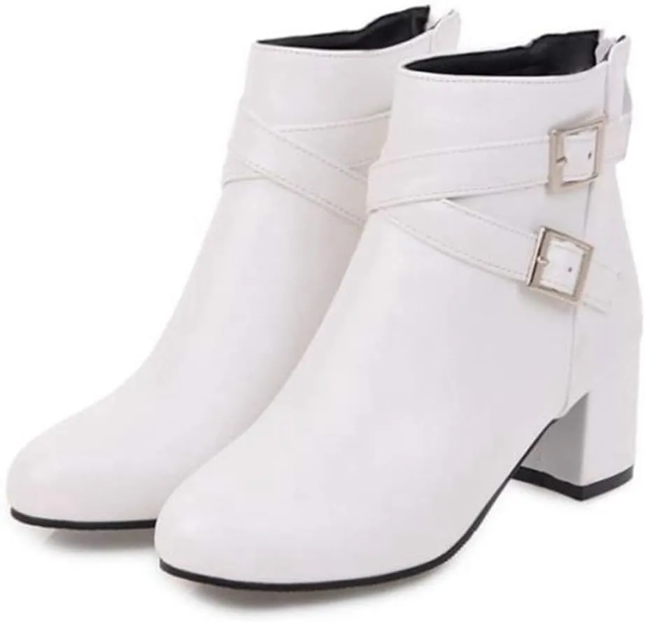 VOKLIN Women's Trendy Buckle Dressy Ankle Boots Round Toe Zipper Chunky Mid Heel Chelsea Dressy Short Booties