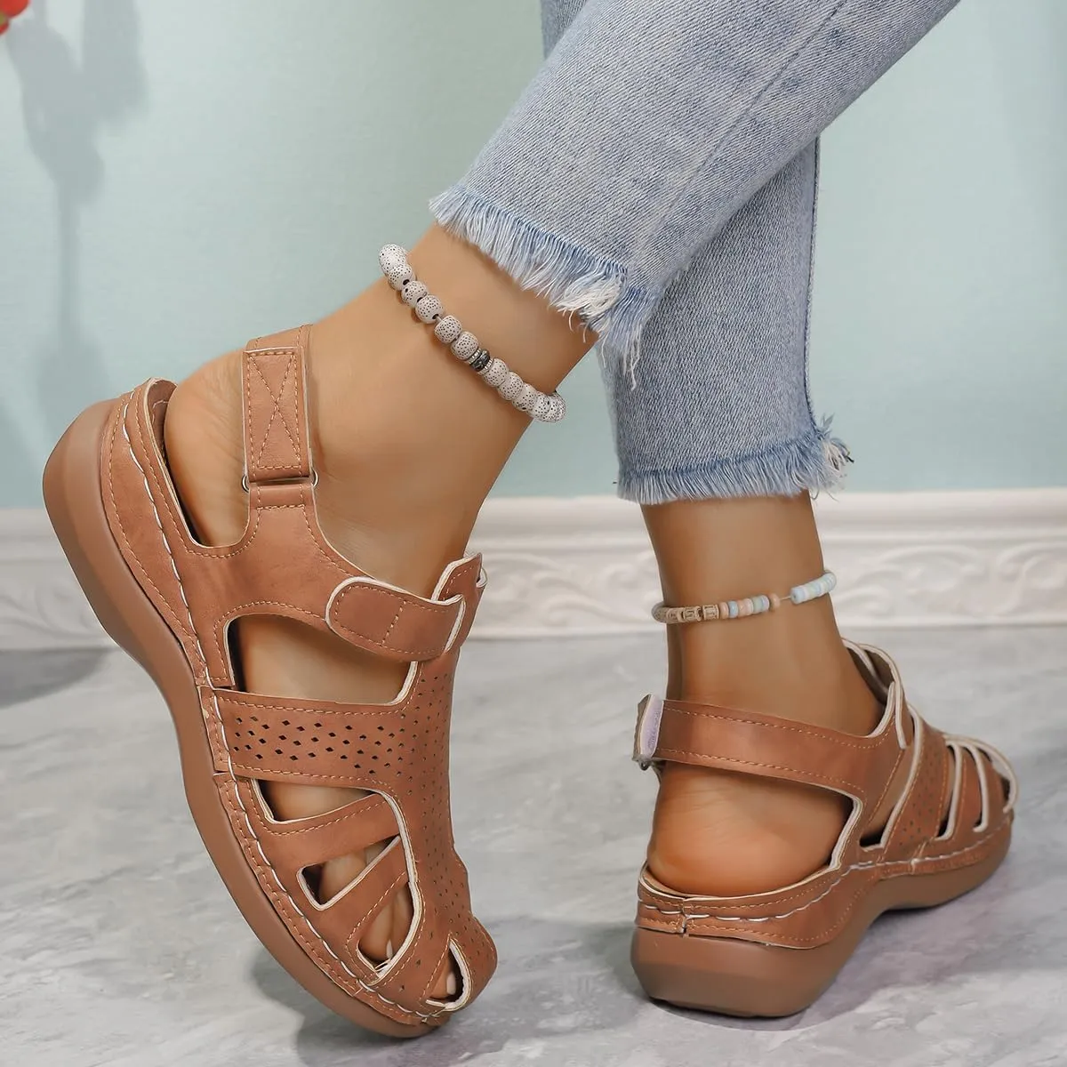 Wedge Orthopedic Sandals for Women Comfortable Closed Toe Summer Sandals Comfortable Hollow Out Sandal with Arch Support
