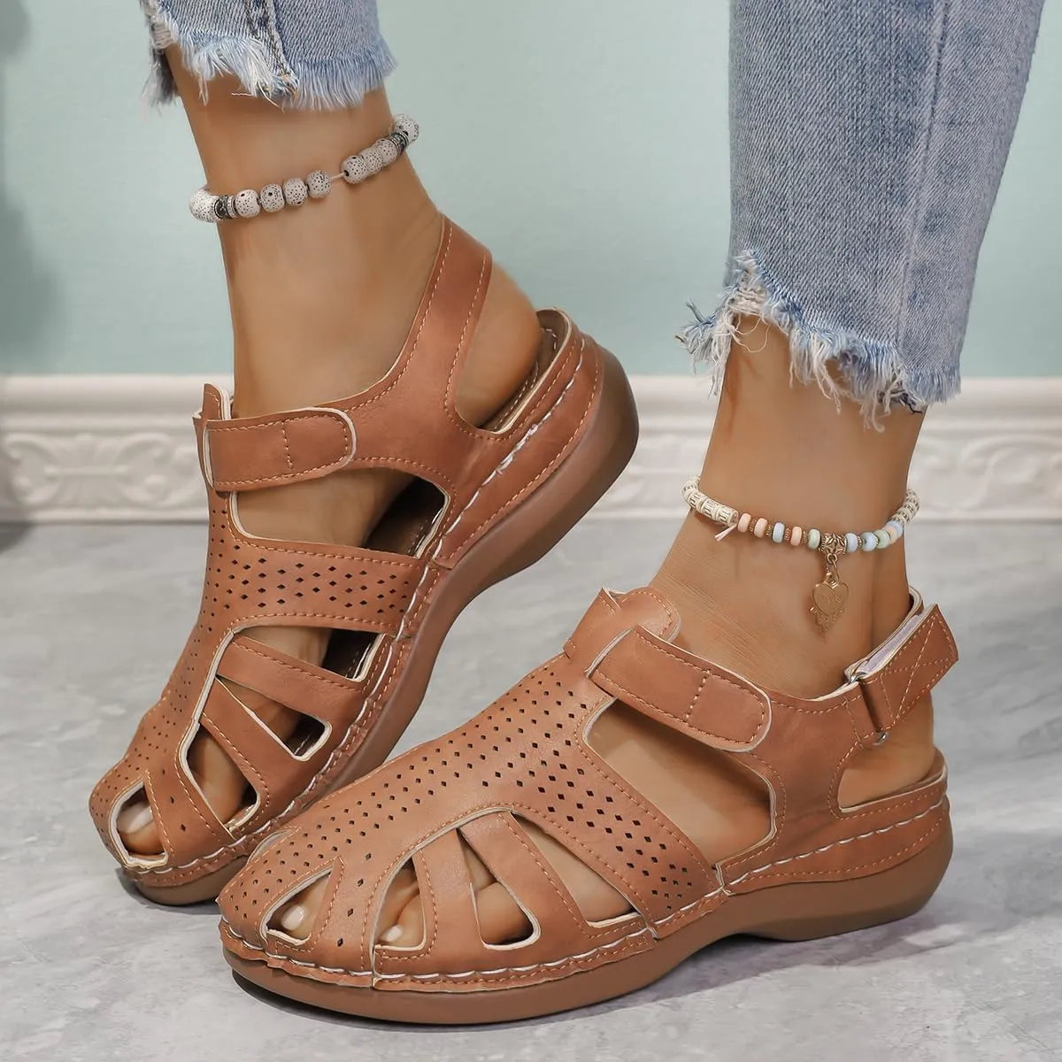Wedge Orthopedic Sandals for Women Comfortable Closed Toe Summer Sandals Comfortable Hollow Out Sandal with Arch Support
