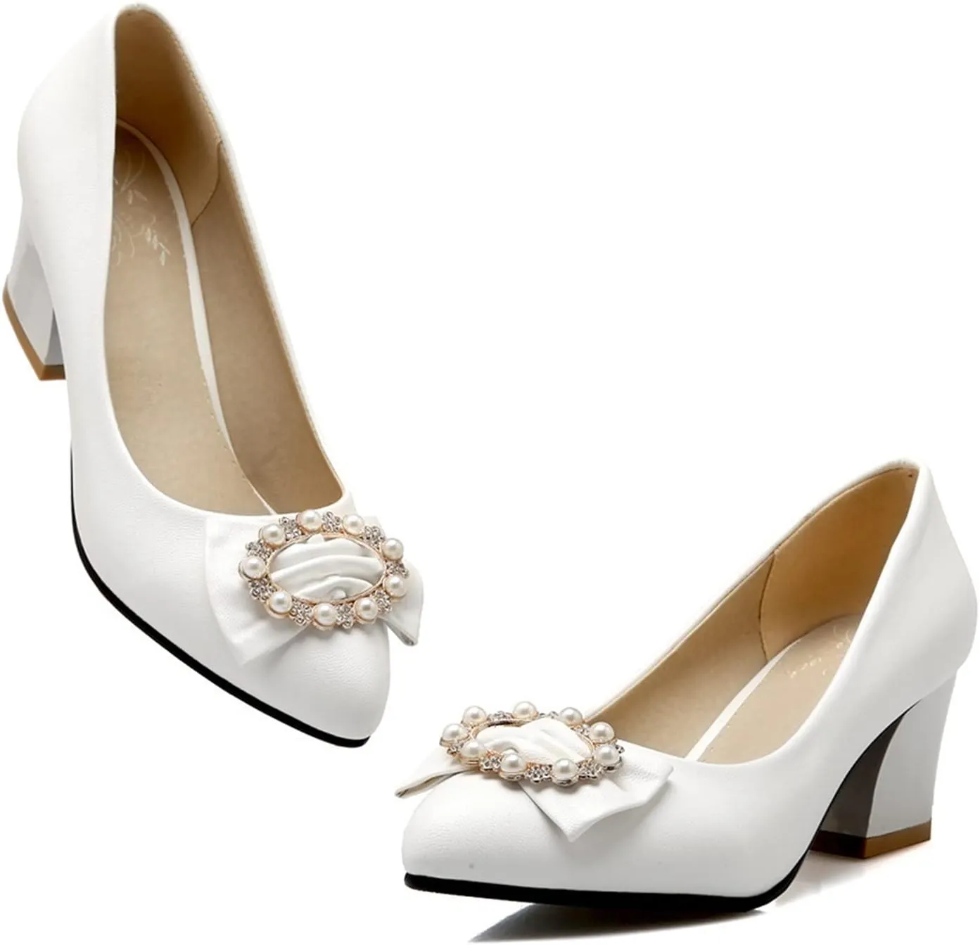 Women Chunky Mid Heel Pumps Pearl Bow Stylish Crystal Pointed Toe Comfy Slip-on Dress Office Shoes
