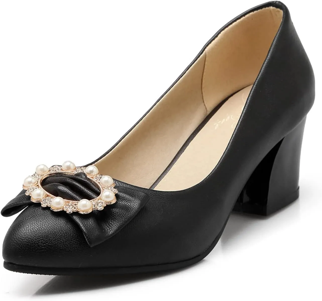 Women Chunky Mid Heel Pumps Pearl Bow Stylish Crystal Pointed Toe Comfy Slip-on Dress Office Shoes