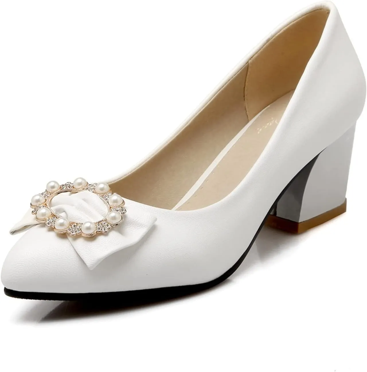 Women Chunky Mid Heel Pumps Pearl Bow Stylish Crystal Pointed Toe Comfy Slip-on Dress Office Shoes