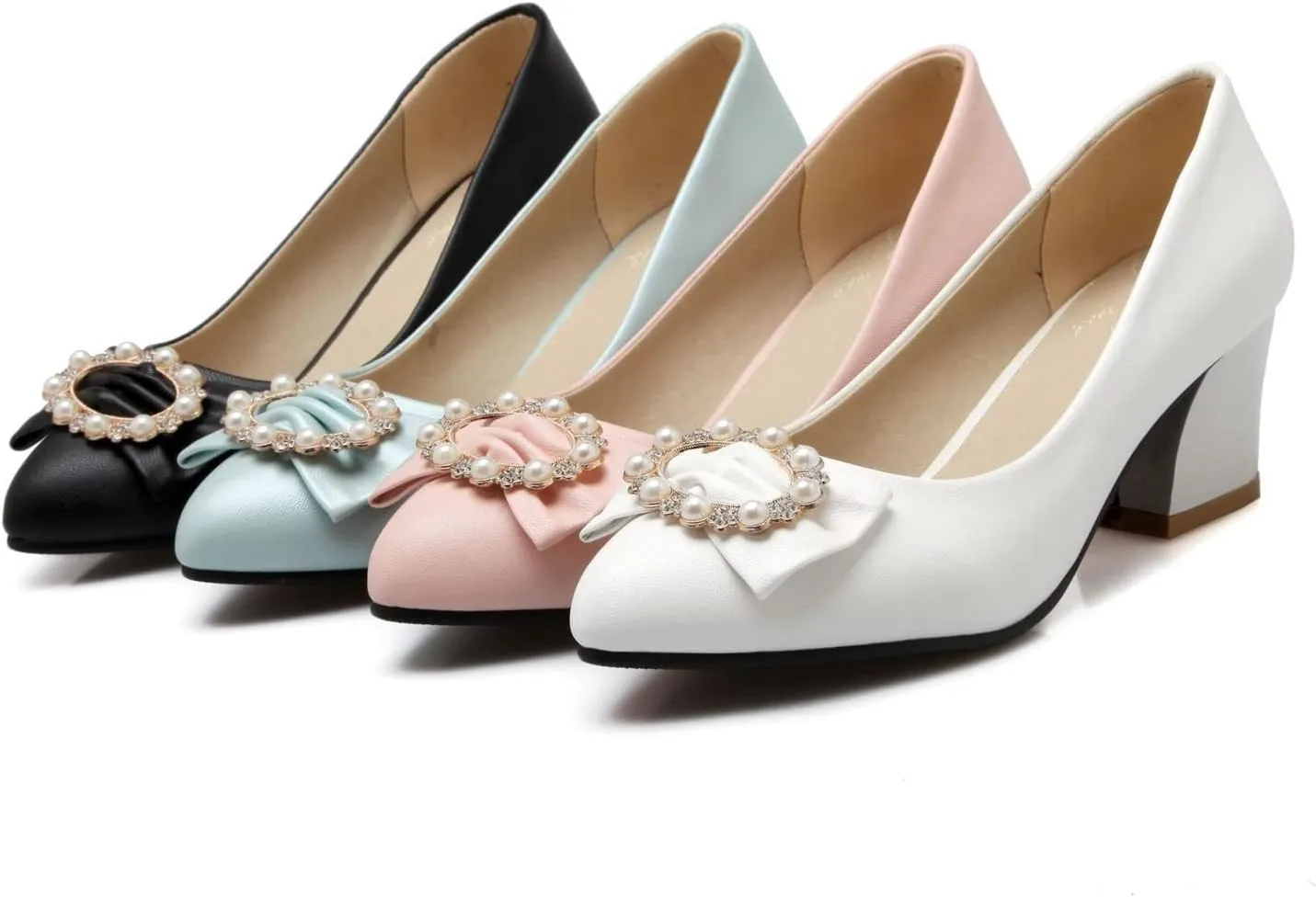 Women Chunky Mid Heel Pumps Pearl Bow Stylish Crystal Pointed Toe Comfy Slip-on Dress Office Shoes