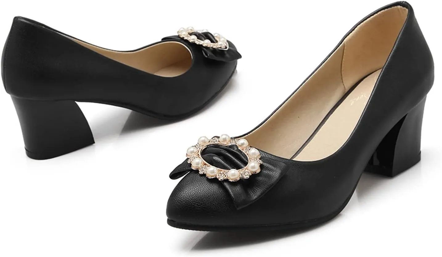 Women Chunky Mid Heel Pumps Pearl Bow Stylish Crystal Pointed Toe Comfy Slip-on Dress Office Shoes