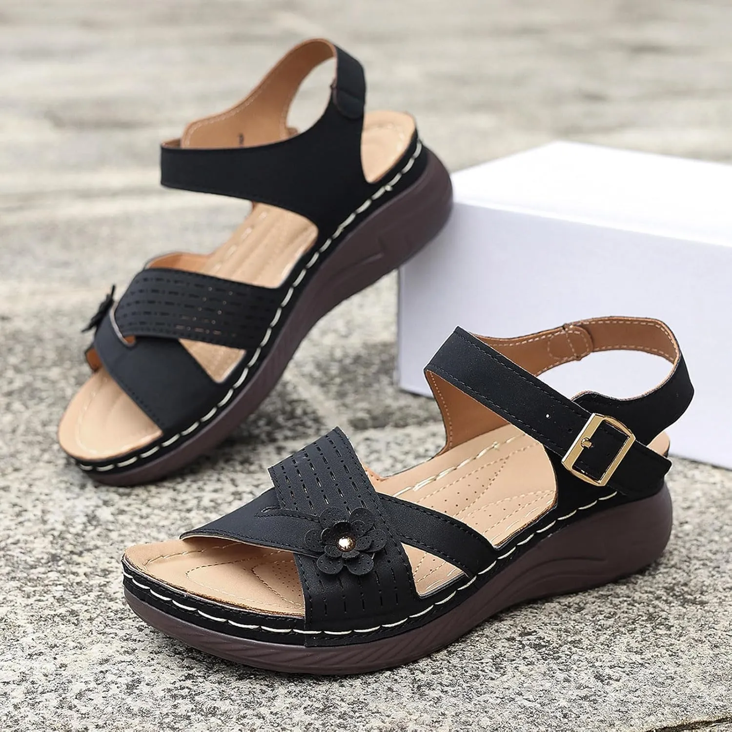 Women Comfortable Sandals Comfortable Wedge Platform Walking Sandals Orthopedic Arch Support Sandal Dressy Casual Open Toe Sandal with Adjustable Hook Loop