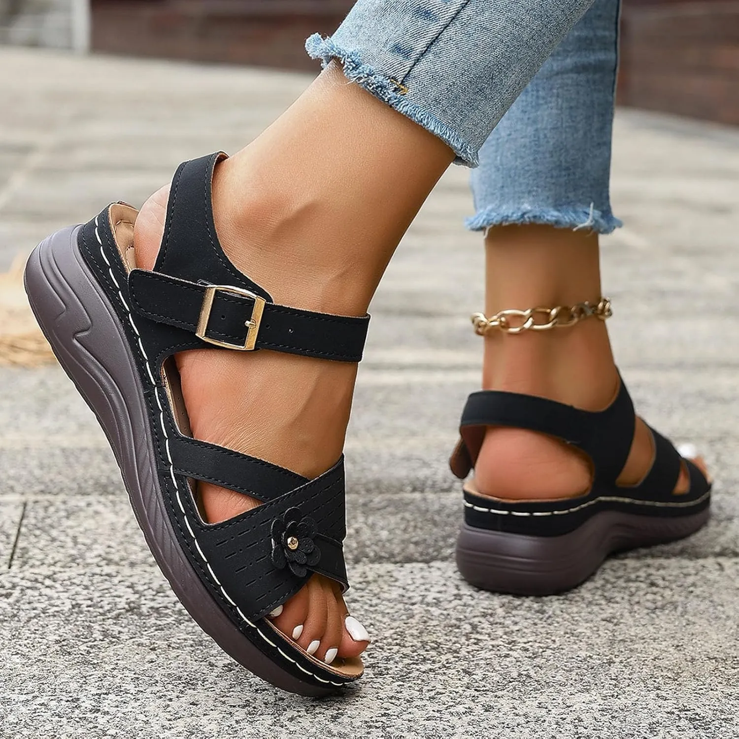 Women Comfortable Sandals Comfortable Wedge Platform Walking Sandals Orthopedic Arch Support Sandal Dressy Casual Open Toe Sandal with Adjustable Hook Loop