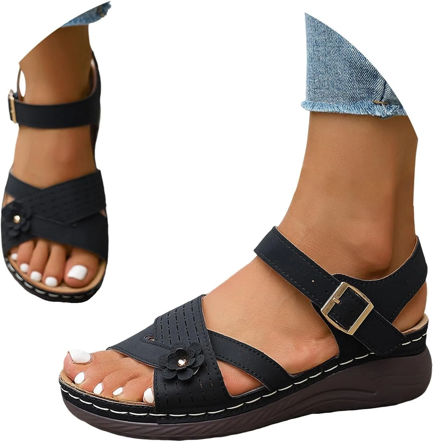 Women Comfortable Sandals Comfortable Wedge Platform Walking Sandals Orthopedic Arch Support Sandal Dressy Casual Open Toe Sandal with Adjustable Hook Loop