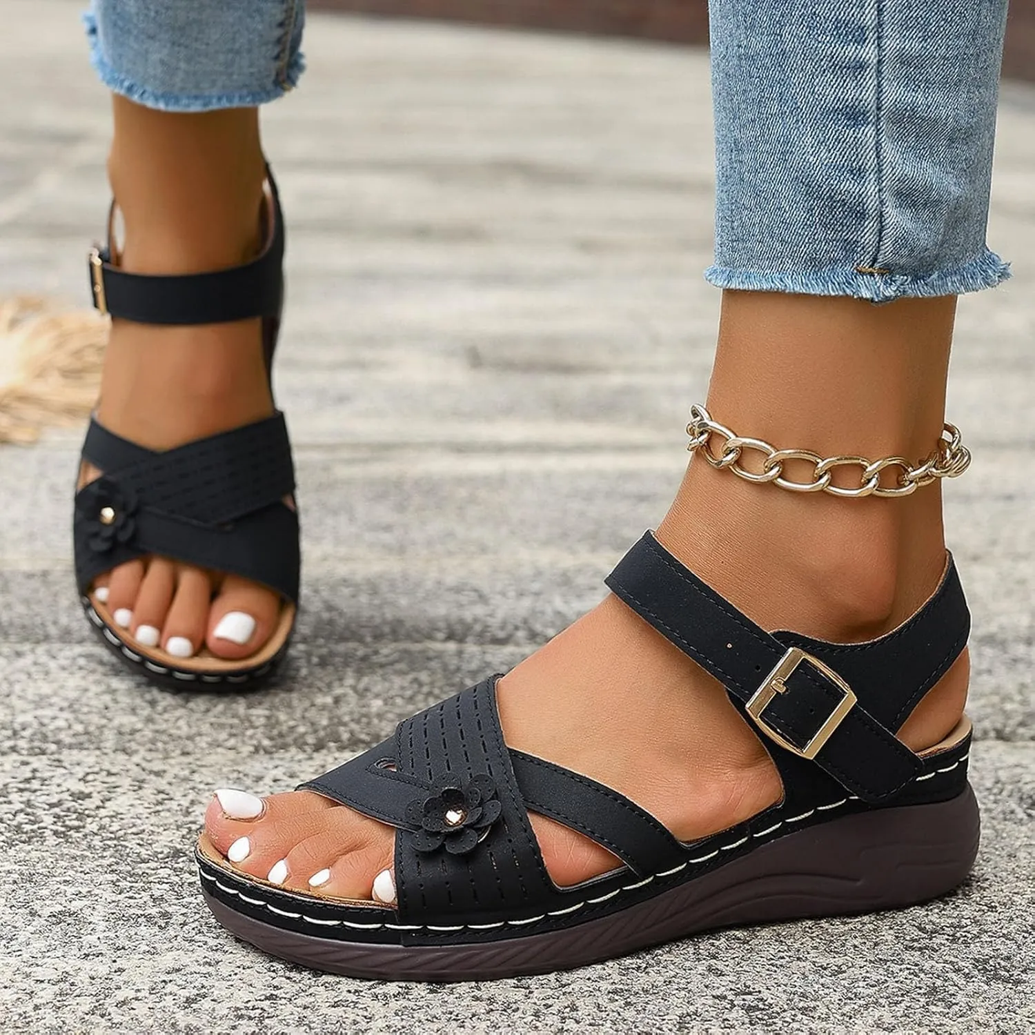 Women Comfortable Sandals Comfortable Wedge Platform Walking Sandals Orthopedic Arch Support Sandal Dressy Casual Open Toe Sandal with Adjustable Hook Loop