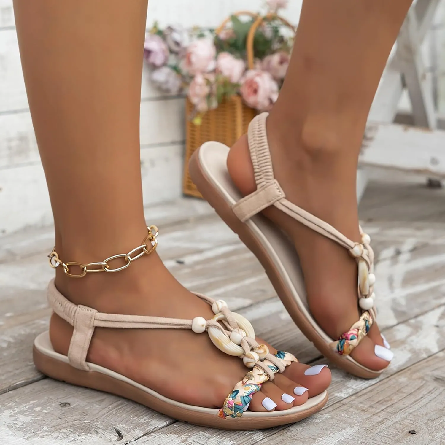 Women'S Dressy Comfortable Walking Summer Flat Sandals Open Toe Ankle Strap Flip Flops Bohemian Dressy Casual Summer Sandals Comfortable Elastic Ankle Strap Beach Shoes