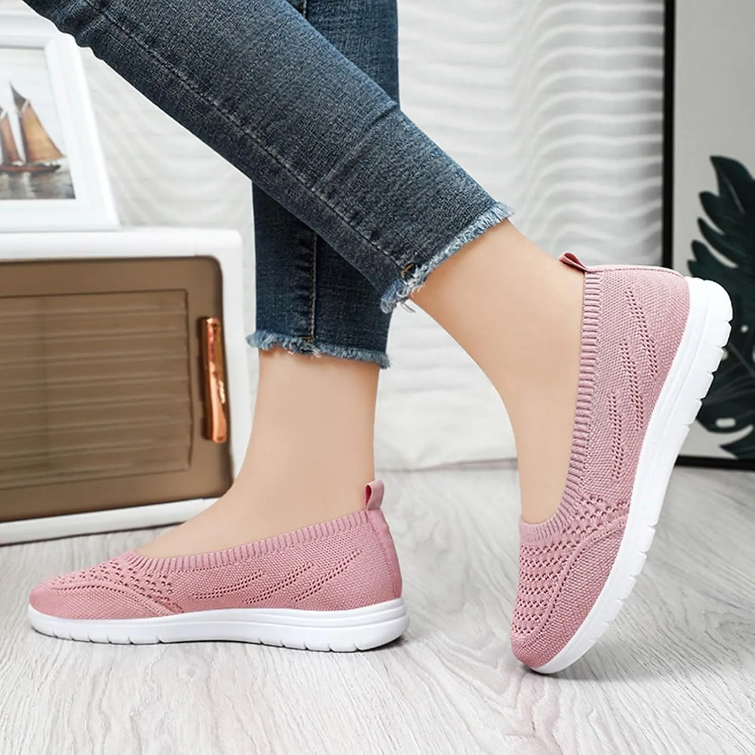 Womens Flats Slip On Go Summer Knit Walking Shoes Breathable Soft Mesh Loafers Athletic Ballet Flats Classic Dress Shoes