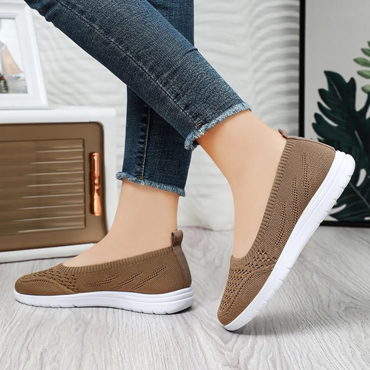 Womens Flats Slip On Go Summer Knit Walking Shoes Breathable Soft Mesh Loafers Athletic Ballet Flats Classic Dress Shoes