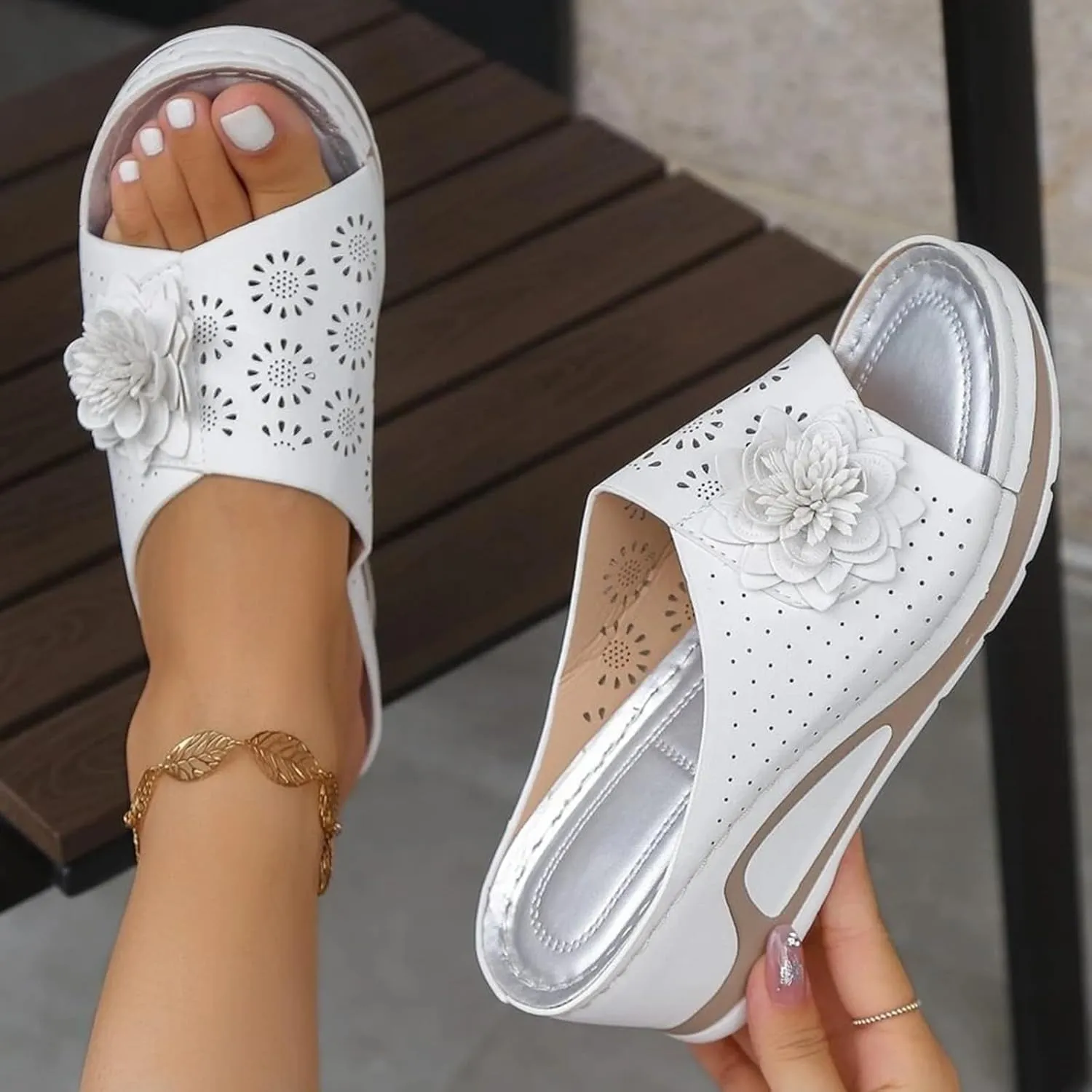 Womens Flower Sandals Dressy Wedge Platform Sandals Comfortable Slingback Sandal Slip On Beach Slippers Comfortable Sandal for Walking Retro Summer Shoes with Arch Support