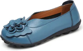 Women's Leather Loafers Comfortable Flat Shoes Slip On Round Toe Wide Width Loafers Comfortable Walking Working Driving Long Standing Fashion Soft Cushion Shoes