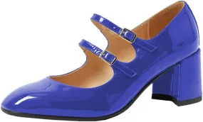 Women's Stylish Closed Round Toe Patent Leather Doubled Monk-Strap Vintage Low Chunky Heel Dress Mary Jane Pumps Shoes