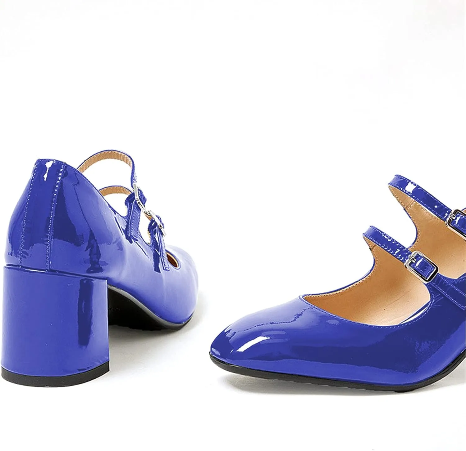 Women's Stylish Closed Round Toe Patent Leather Doubled Monk-Strap Vintage Low Chunky Heel Dress Mary Jane Pumps Shoes