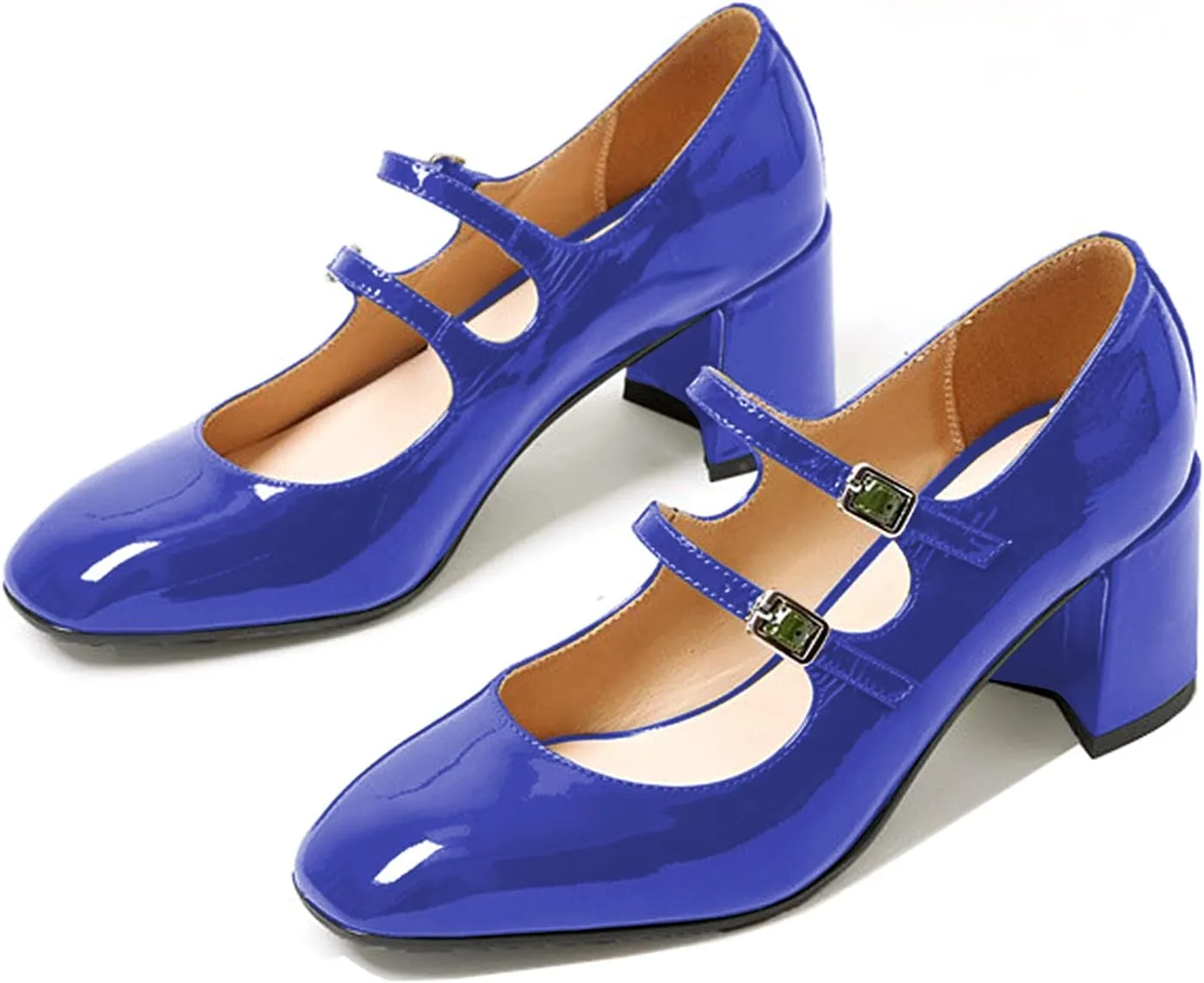 Women's Stylish Closed Round Toe Patent Leather Doubled Monk-Strap Vintage Low Chunky Heel Dress Mary Jane Pumps Shoes